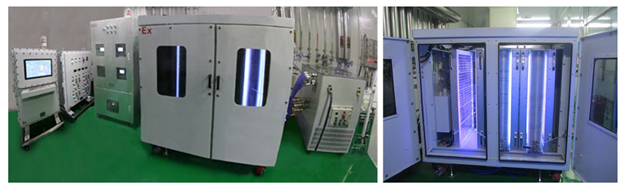 Pictures of the production-scale photochemical skid measuring ~2m tall, capable of producing 5 kg/day of cyclobutane